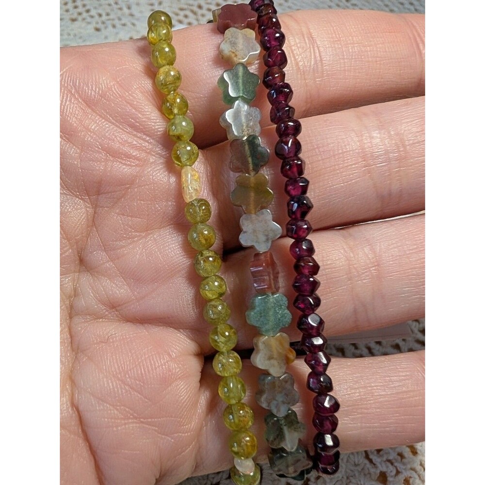 Handmade Stretch Bracelet Set- Garnet, India Agate, Peridot, And Ethiopian Opal